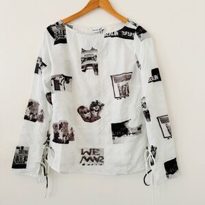 NWOT Desigual Textured Tie Sleeve White & Black Graphic Top